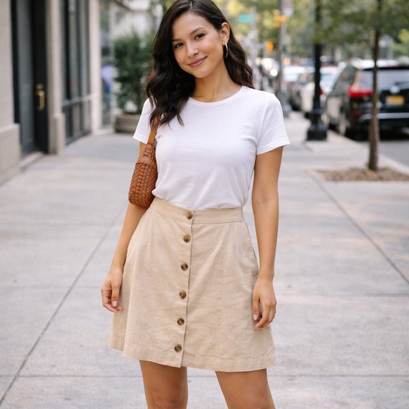 J. Crew Dresses & Skirts - J. Crew Tan Button-Down Light Academia Flared Linen Blend Mini Skirt Size 12